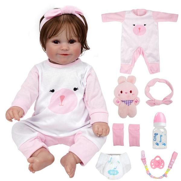 Imagem de Boneca Bebê Reborn Realista Brastoy Silicone Conjunto de Roupa Chupeta Mamadeira e Pelúcia Pode Dar Banho Roupa 