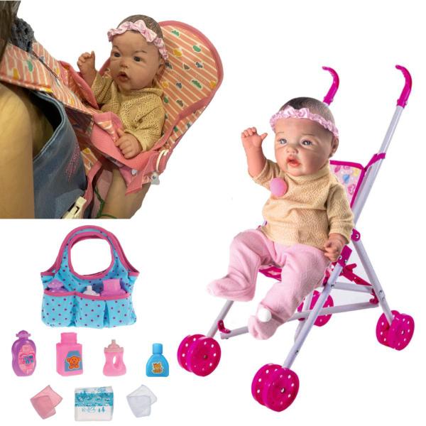 Imagem de Boneca Bebê Reborn Realista + Carrinho Bolsa Saída + Canguru