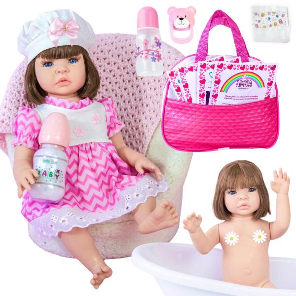 Imagem de Boneca Bebê Reborn Realista Em Silicone Bolsa Maternidade Vestido Listrado Pode Dar Banho Pronta Entrega