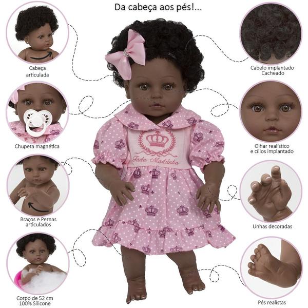 Imagem de Boneca Bebe Reborn Recem Nascida Silicone Negra Com Itens