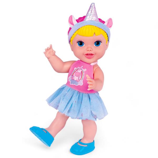 Imagem de Boneca Bebê Unicórnio 30cm Faz Xixi Com Fralda, Escova e Mamadeira - Brinquedos de menina