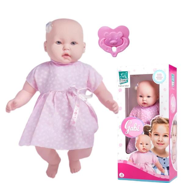 Imagem de Boneca Bebezao 53,5cm Bebe Gabi Meninas Vestidinho Rosa Com Chupeta Lacinho Super Toys