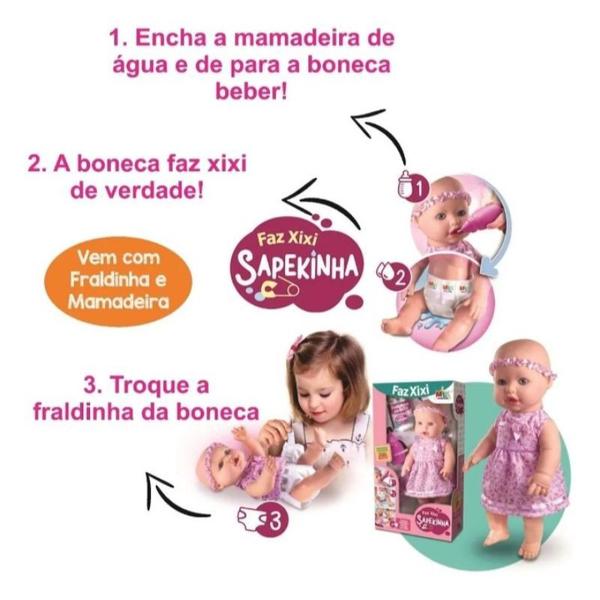 Imagem de Boneca Bebezão Sapekinha Faz Xixi Menina C/ Fralda E Mamadeira Milk Brinquedos Envio Imediato