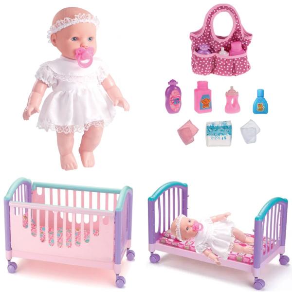 Imagem de Boneca Brinquedo Baby Oração C/ Bolsinha e Berço Vira Cama