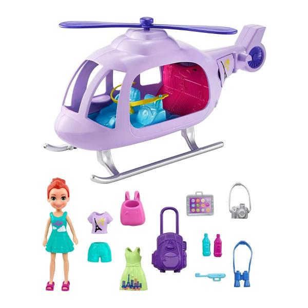 Imagem de Boneca Brinquedo Menina Infantil Conjunto Polly Pocket Lila Helicóptero + 10 Acessórios Original Mattel