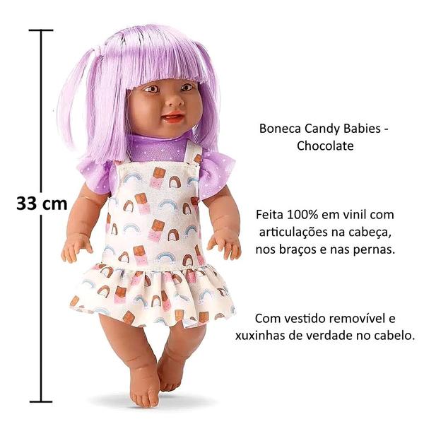 Imagem de Boneca Candy Babies 33cm Chocolate Moreninha Cabelo Roxo Bambola Na Caixa Original