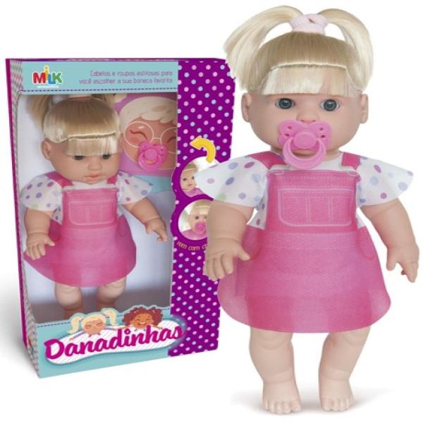 Boneca Coleção Danadinhas Loira Menina Chupeta e Carrinho - Milk Brinquedo Imagem de Boneca Coleção Danadinhas Loira Menina Chupeta e Carrinho