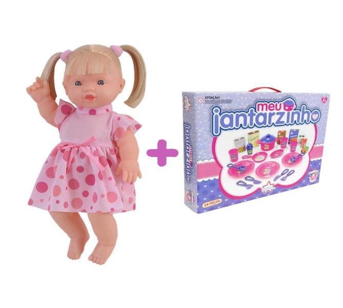 Imagem de Boneca Com Roupinha Rosa Loira Que Fala + Jantarzinho