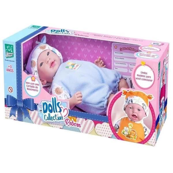 Boneca com touquinha dolls collection reborn azul 44cm super toys Imagem de Boneca com touquinha dolls collection reborn azul 44cm super toys