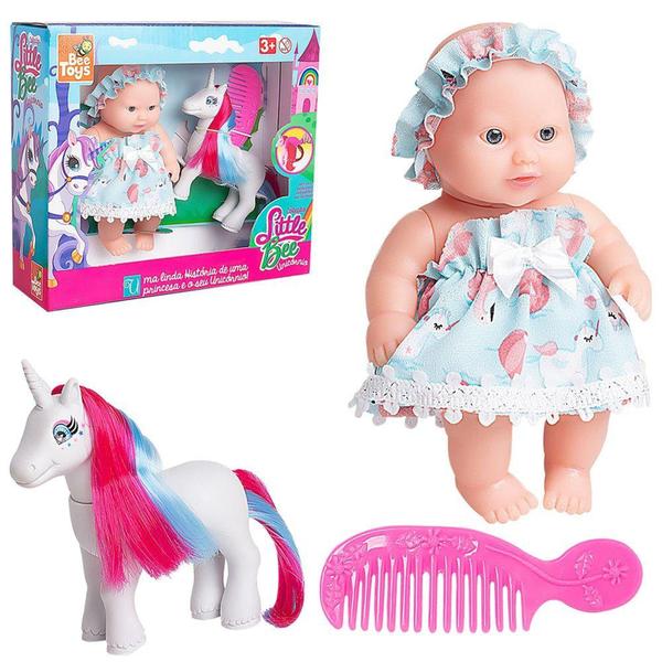 Imagem de Boneca com unicornio / poney de vinil com crina e calda + pente little bee na caixa - BEE TOYS