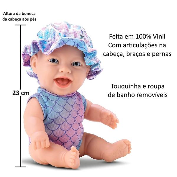 Imagem de Boneca de 23cm Bebê na Hora do Banho Boneca c/ Banheira Touca Premium Vinil