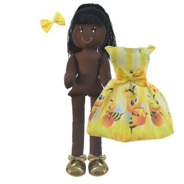 Imagem de Boneca de Pano Negra Nina com Roupa tema Abelhinha