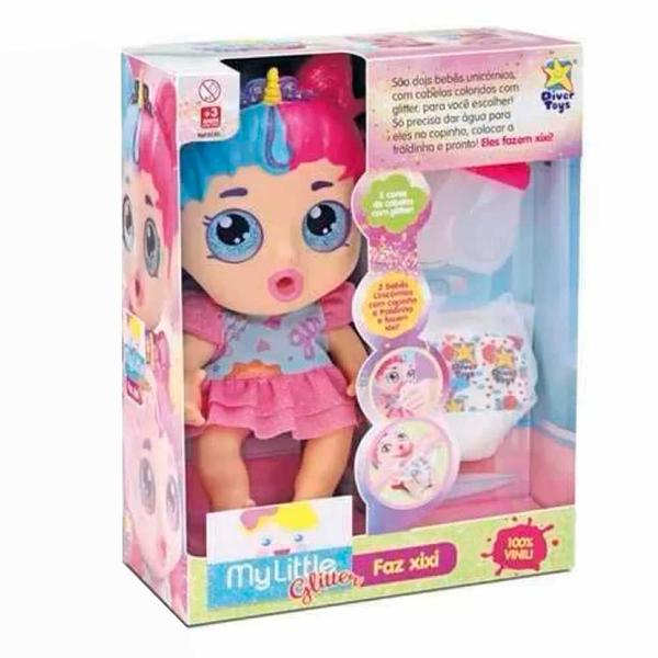 Imagem de Boneca de Vinil - My Little Glitter - Faz Xixi Cabelo Azul - Divertoys