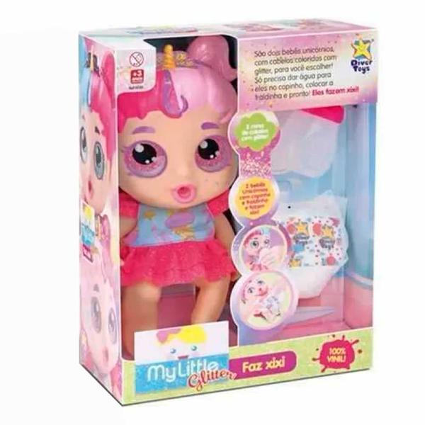 Imagem de Boneca de Vinil - My Little Glitter - Faz Xixi Cabelo Rosa - Divertoys