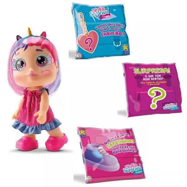 Imagem de Boneca Diver Surprise Vamos Viajar Cabelo Roxo e Rosa Divertoys 8227