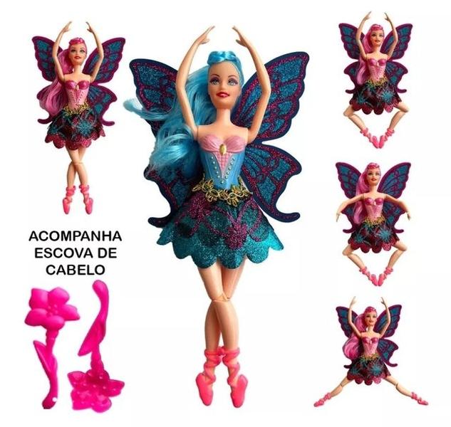 Imagem de Boneca Estilo Barbie Fada Bailarina com Asas Borboleta Articulada Ballet 30cm Azul Rosa Lilas + Acessório Pente