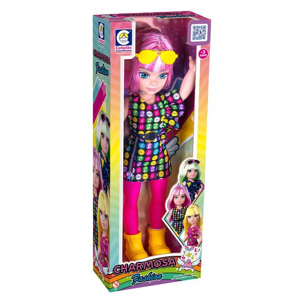 Imagem de Boneca Estilosa Charmosa Fashion 42cm Com Cartela Adesivo E Óculos De Sol Menina Com Cabelo Rosa - Cotiplás