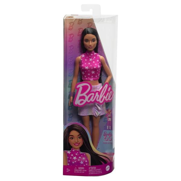 Imagem de Boneca Fashion Barbie Fashionistas 215 com cabelo preto, 65º aniversário.