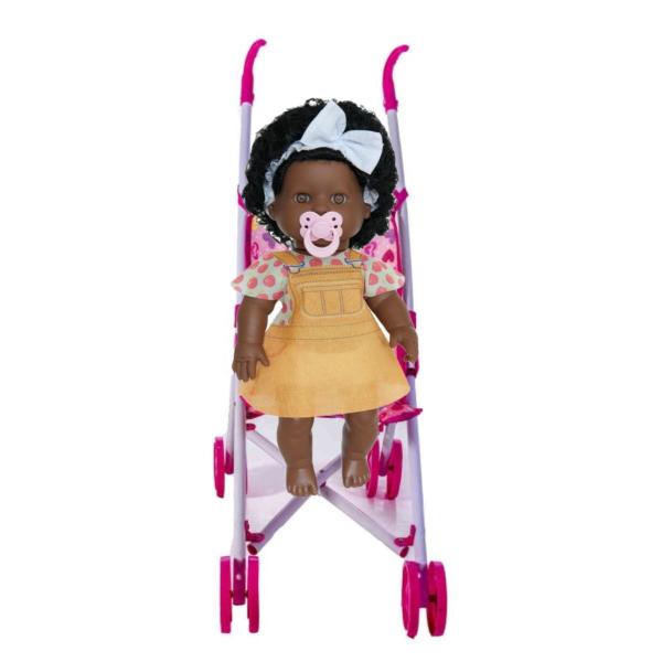 Imagem de Boneca Infantil Bebê Negra Danadinha 34cm e Carrinho Passeio