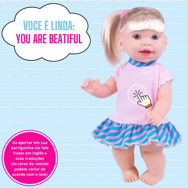 Imagem de Boneca Infantil Feita Em Vinil Menina Fala E Ensina Frases Em Inglês 31cm Brinquedos Super Toys