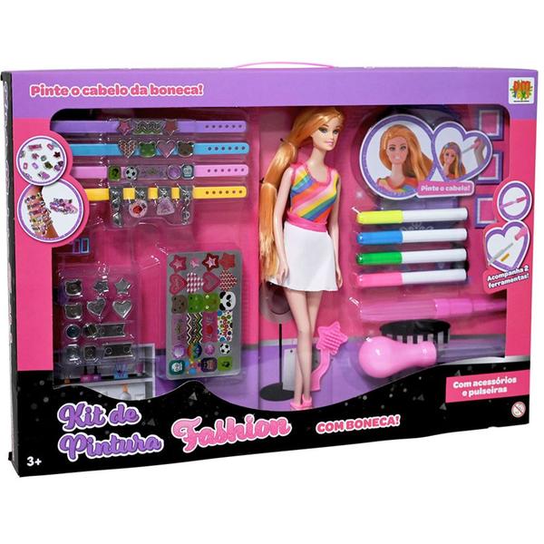 Imagem de Boneca Kit Pintura Pintar Mechas Cabelos E Acessórios Roupas Pulseiras Dm toys