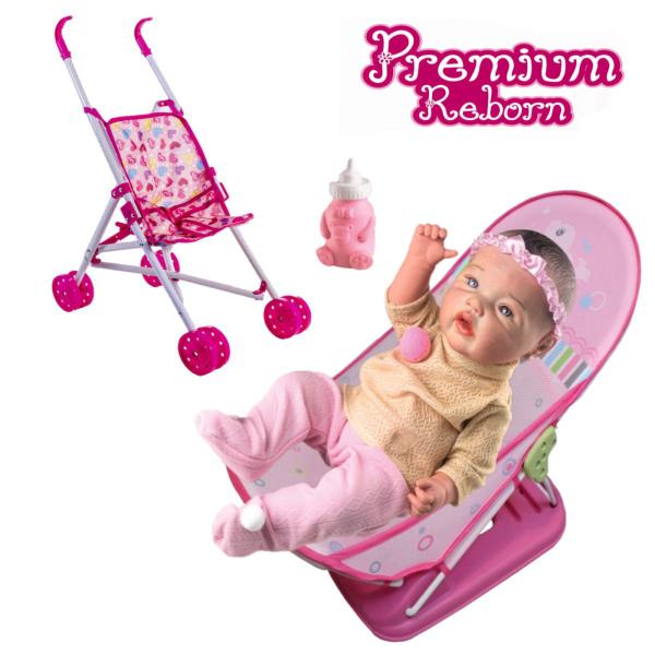 Imagem de Boneca Menina Reborn Com Banheira Rosa Banho + Carrinho Baby