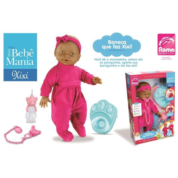 Imagem de Boneca Mini Bebê Mania Faz Xixi Negra Roma Brinquedos