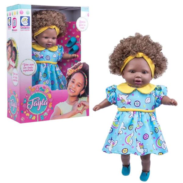 Imagem de Boneca Negra Tayla Bebê Feita Em Vinil Com Cabelo Cacheado Castanho Original Brinquedo Cotiplás