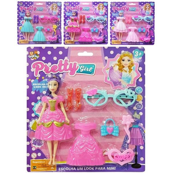 Imagem de Boneca Pretty Girl com Troca de Roupa Óculos Bolsa e Acessórios brinquedo de 8 Peças Super Divertido