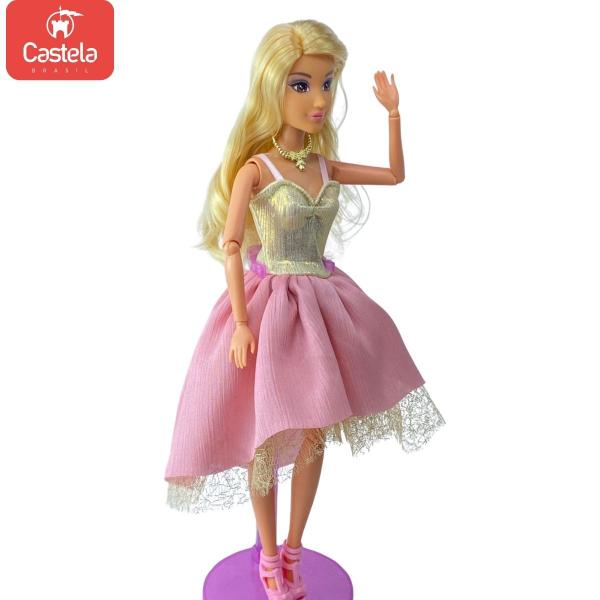 Imagem de Boneca Princesa Fashion Vestido Rosa Brilhante Style Acessórios Castela