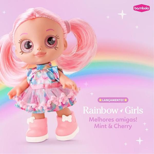 Imagem de Boneca Rainbow Vinil Cabelo Rosa Girls Cherry Acessórios 