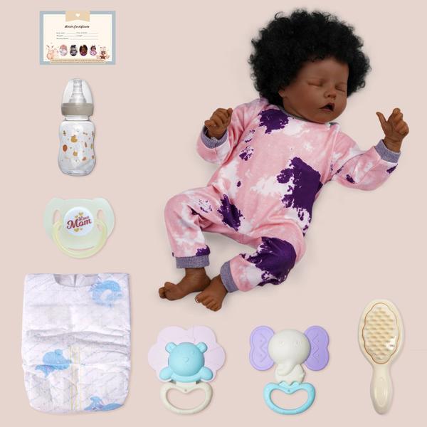 Imagem de Boneca Reborn Baby Doll JIZHI Lifelike Afro-American 43 cm com kit de alimentação