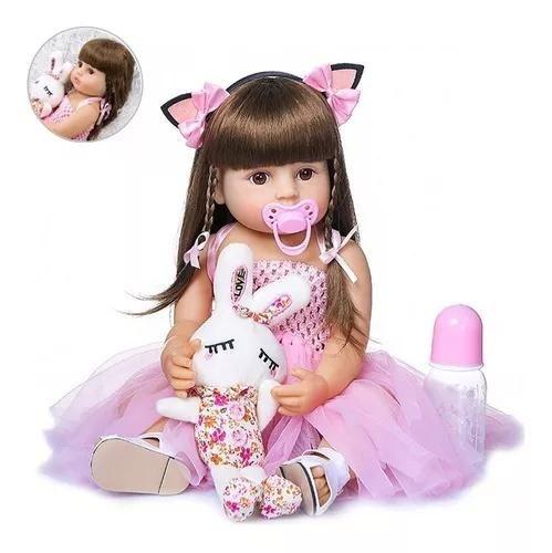 Imagem de Boneca Reborn Bebê 100% Silicone Princesa Rosa 55cm