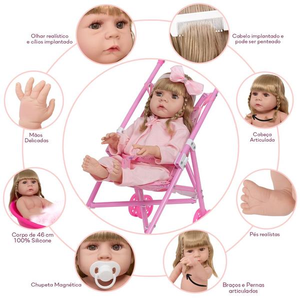 Imagem de Boneca Reborn Bebê Corpo Silicone Kit Acessórios Carrinho