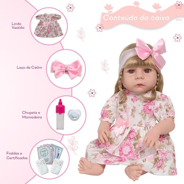 Imagem de Boneca Reborn Bebê Loira Vestido Florido Kit 13 Acessórios