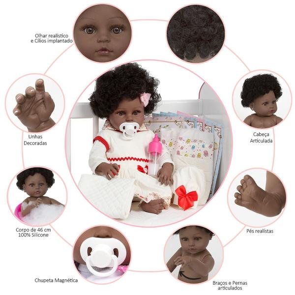 Imagem de Boneca Reborn Bebê Negra Fofinha Corpo 100% Vinil Articulada