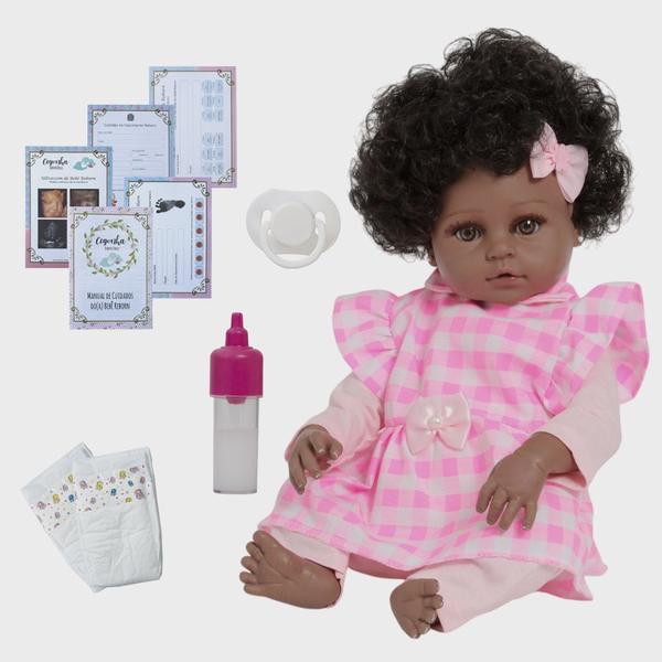 Boneca Reborn Bebê Princesa Negra Com Kit Itens Fofinha - Cegonha Reborn Dolls Imagem de Boneca Reborn Bebê Princesa Negra Com Kit Itens Fofinha