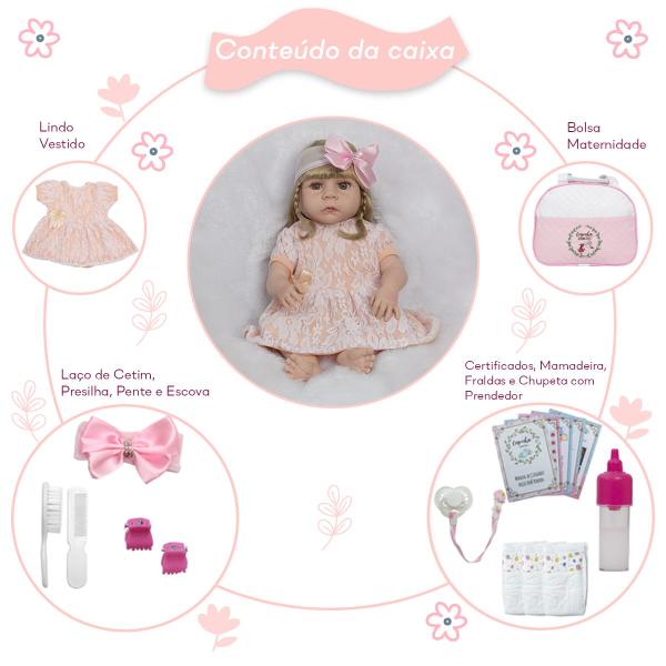 Imagem de Boneca Reborn Grande 46cm Vestido Renda Vários Acessórios