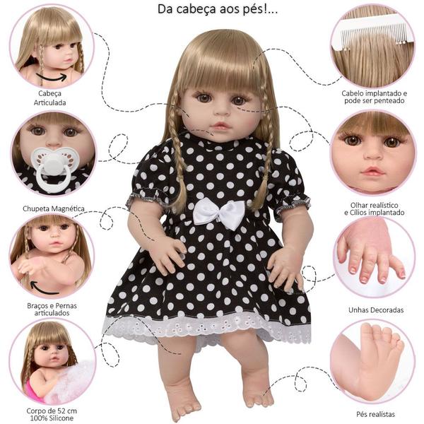 Imagem de Boneca Reborn Loira 100% Silicone Gatinha Infantil + Itens