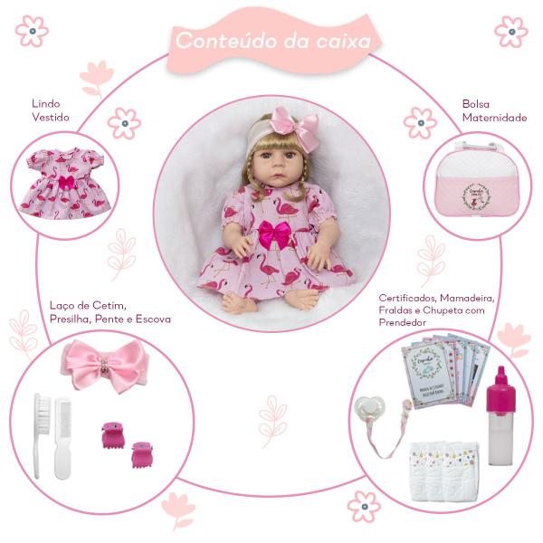 Imagem de Boneca Reborn Loira Linda Vestido Flamingo Enxoval Completo