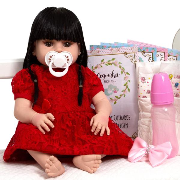 Imagem de Boneca Reborn Menina Linda 100% de VInil Vestido Vermelho