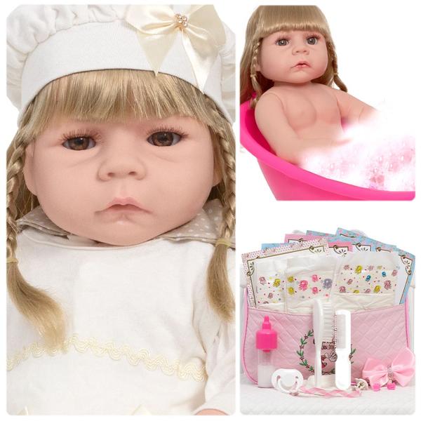 Imagem de Boneca Reborn Menina Loira 100% Silicone + Kit Acessórios