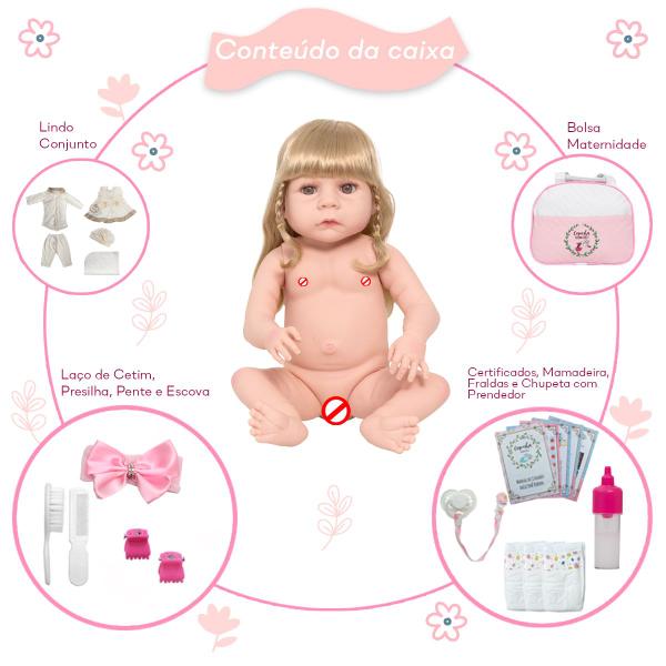 Boneca Reborn Menina Loira 100% Silicone + Kit Acessórios - Cegonha Reborn Dolls Imagem de Boneca Reborn Menina Loira 100% Silicone + Kit Acessórios