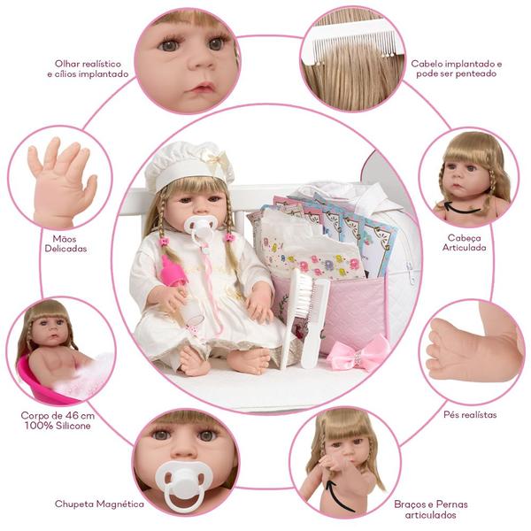 Boneca Reborn Menina Loira 100% Silicone + Kit Acessórios - Cegonha Reborn Dolls Imagem de Boneca Reborn Menina Loira 100% Silicone + Kit Acessórios