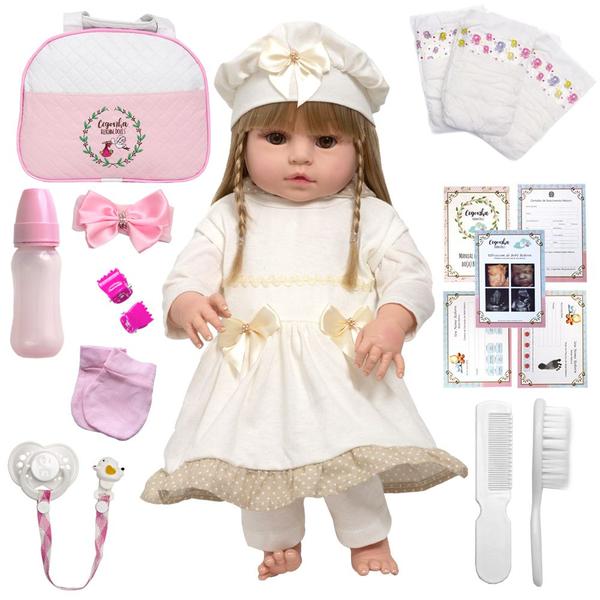 Boneca Reborn Menina Loira Fofa 20 Itens Bolsa Maternidade - Cegonha Reborn Dolls Imagem de Boneca Reborn Menina Loira Fofa 20 Itens Bolsa Maternidade