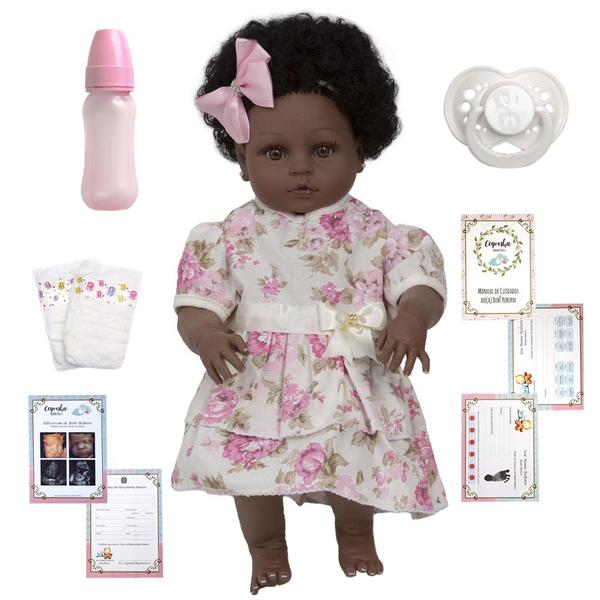 Imagem de Boneca Reborn Menina Negra 100% Silicone Completa 13 Itens