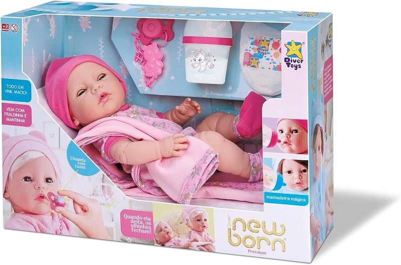 Imagem de Boneca Reborn Menina Premium Mamadeira Mágica Chupeta Led (Sem cabelo) - Diver toys