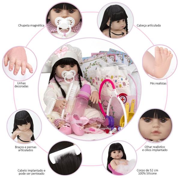 Boneca Reborn Morena 100% Silicone 24 Itens Enxoval Completo - Cegonha Reborn Dolls Imagem de Boneca Reborn Morena 100% Silicone 24 Itens Enxoval Completo
