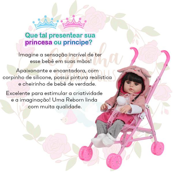 Imagem de Boneca Reborn Morena Enxoval Coelhinha + Carrinho Infantil