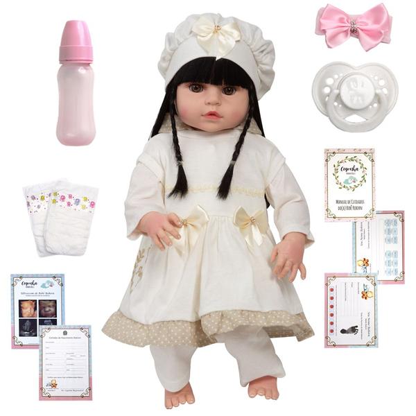 Imagem de Boneca Reborn Morena Laura Baby Alive Vestido Bege 13 Itens